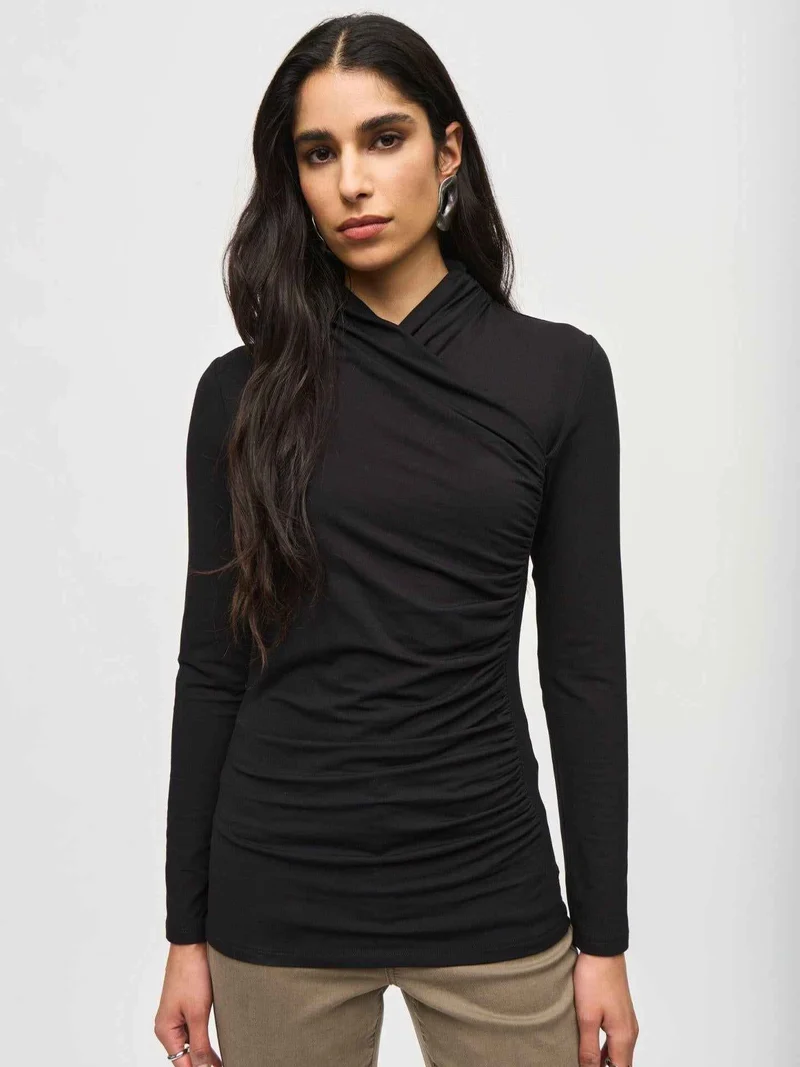 Svart Cowl Neck Draperad Topp