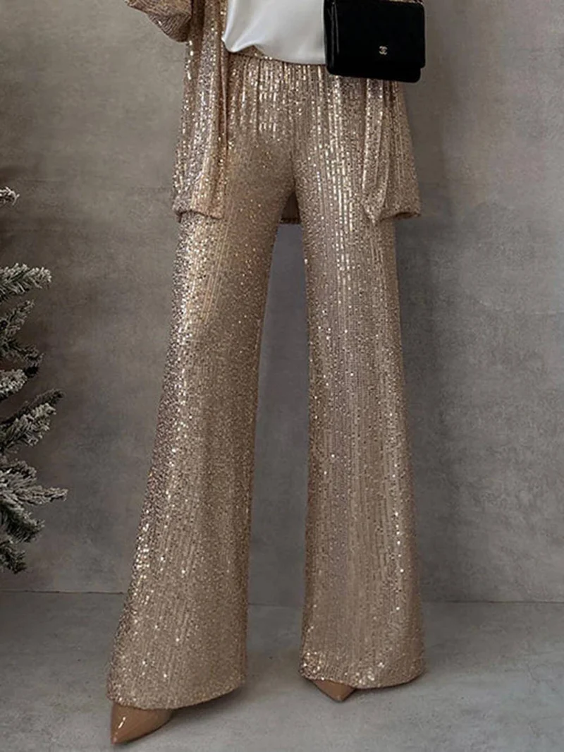 Unique Sequin Party Scene High Rise Elastic Waist Wide Leg Pants
