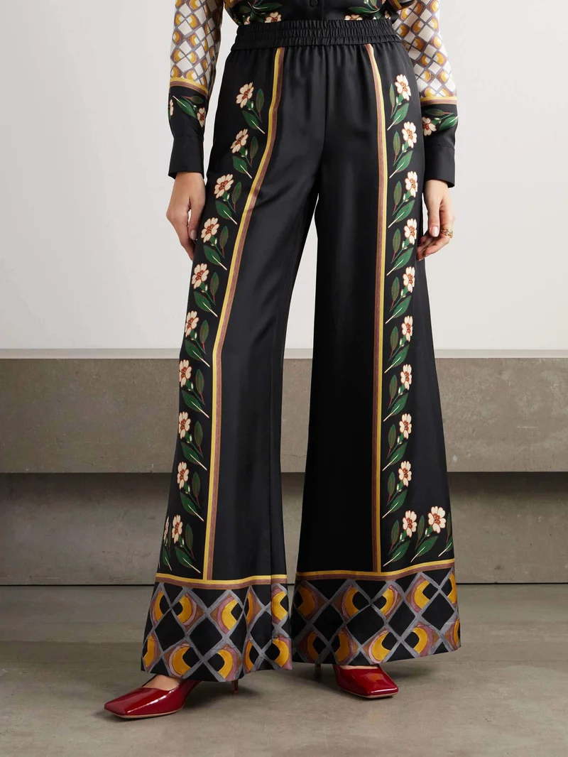 Unique Retro Print Tight Waist Wide Leg Pants