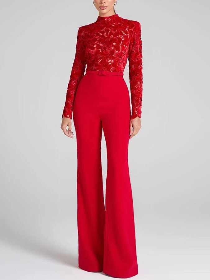 Elegant Lace Panel Flared Jumpsuit