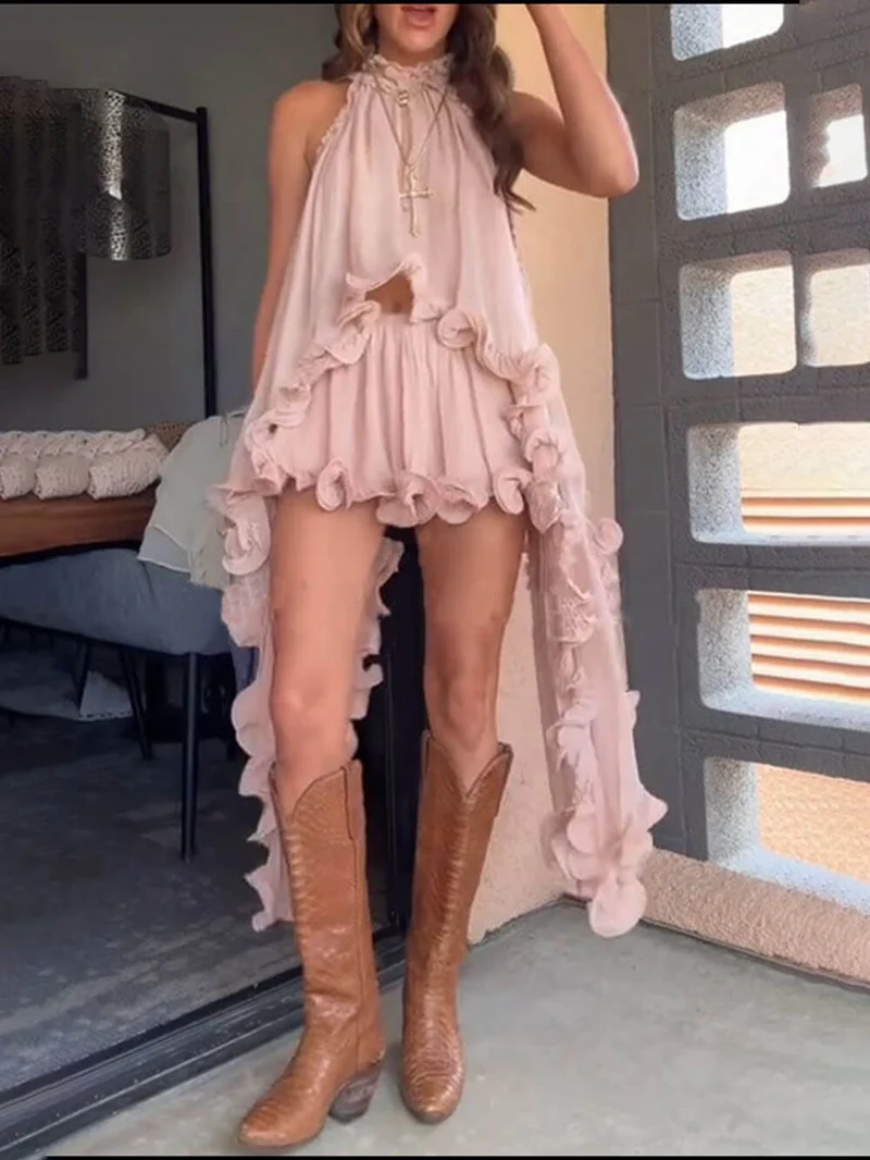 Delicate Romantic Drama Chiffon Wavy Ruffles Halter Irregular A-line Top