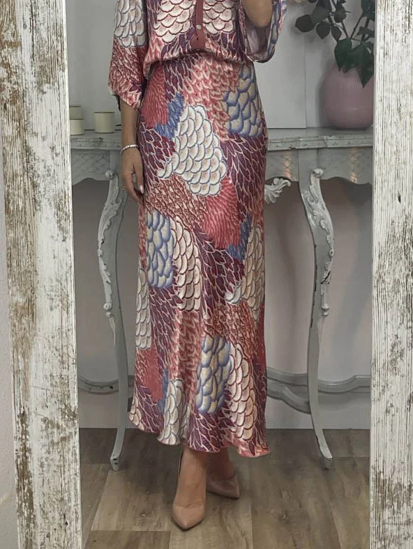 Elegant Vintage Satin Floral Print Fishtail Skirt