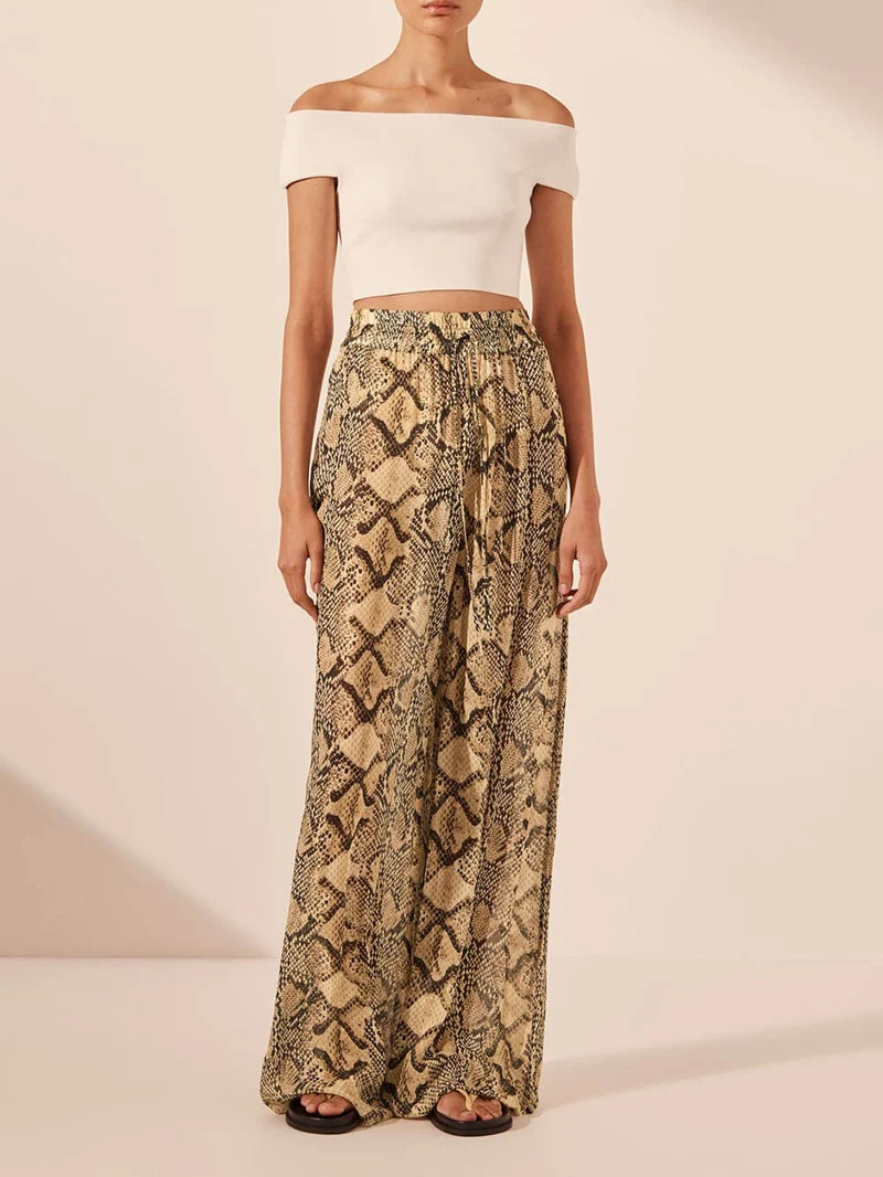 Modern Feel Satin Unique Snake Print Elastic Waist Drawstring Pocket Wide Leg Pants
