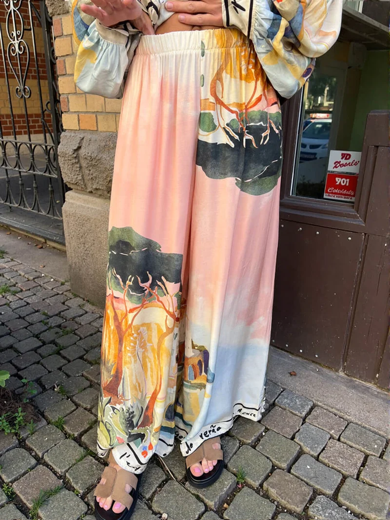 Unique Satin Landscape Print Loose Elastic Waist Pocket Wide Leg Pants
