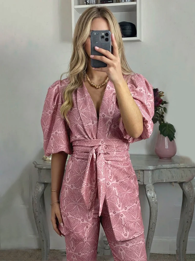 Casual Ethnic Style Printed Puff Sleeve Shirt