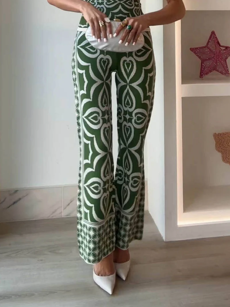 Spring-Inspired Tile Print Slim-Fit Stretch Knit Jacquard Pants