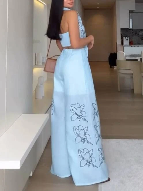 Shirt Collar Backless Top And Wide Pants Suit