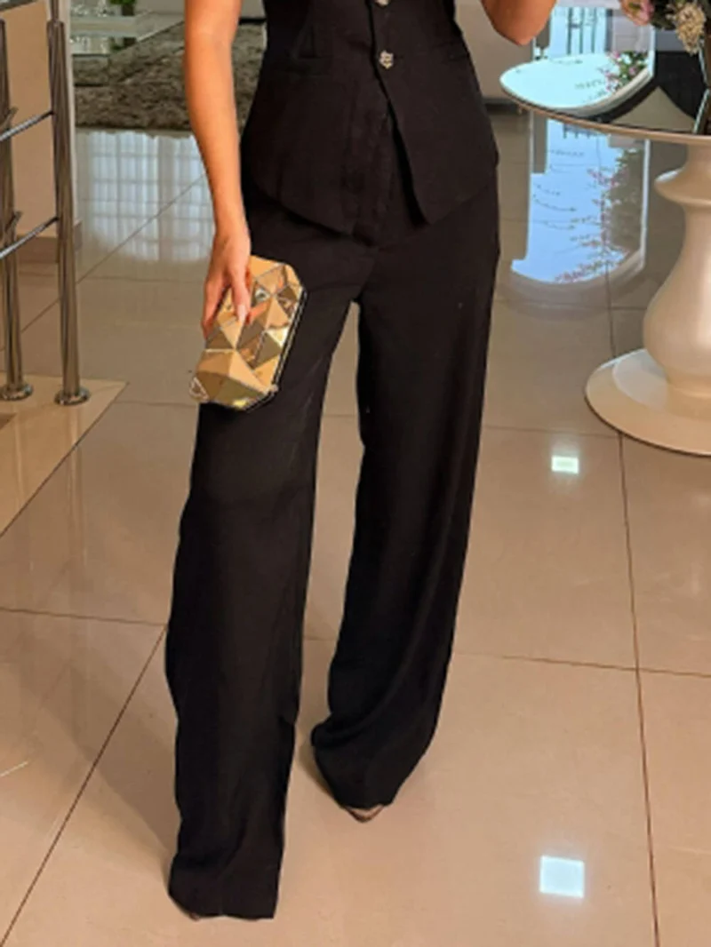 Perfect Charm Elegant Solid Pocket Wide-Leg Pants