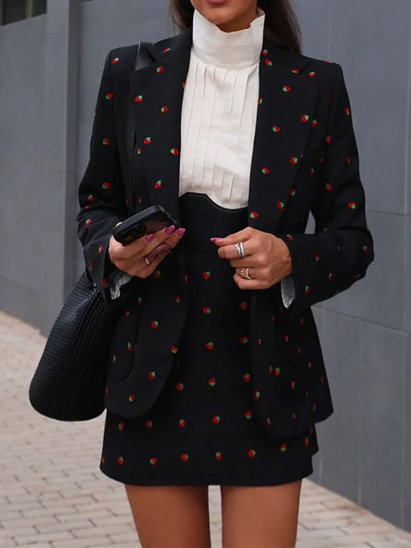 Fashionable And Unique Strawberry Print Slim-Fit Suit Jacket And Skirt Set