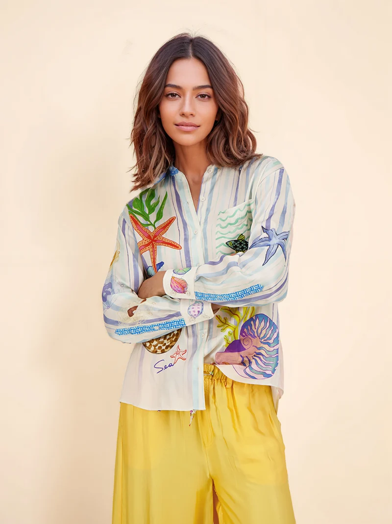 Ocean Theme Print Long Sleeve Collared Shirt