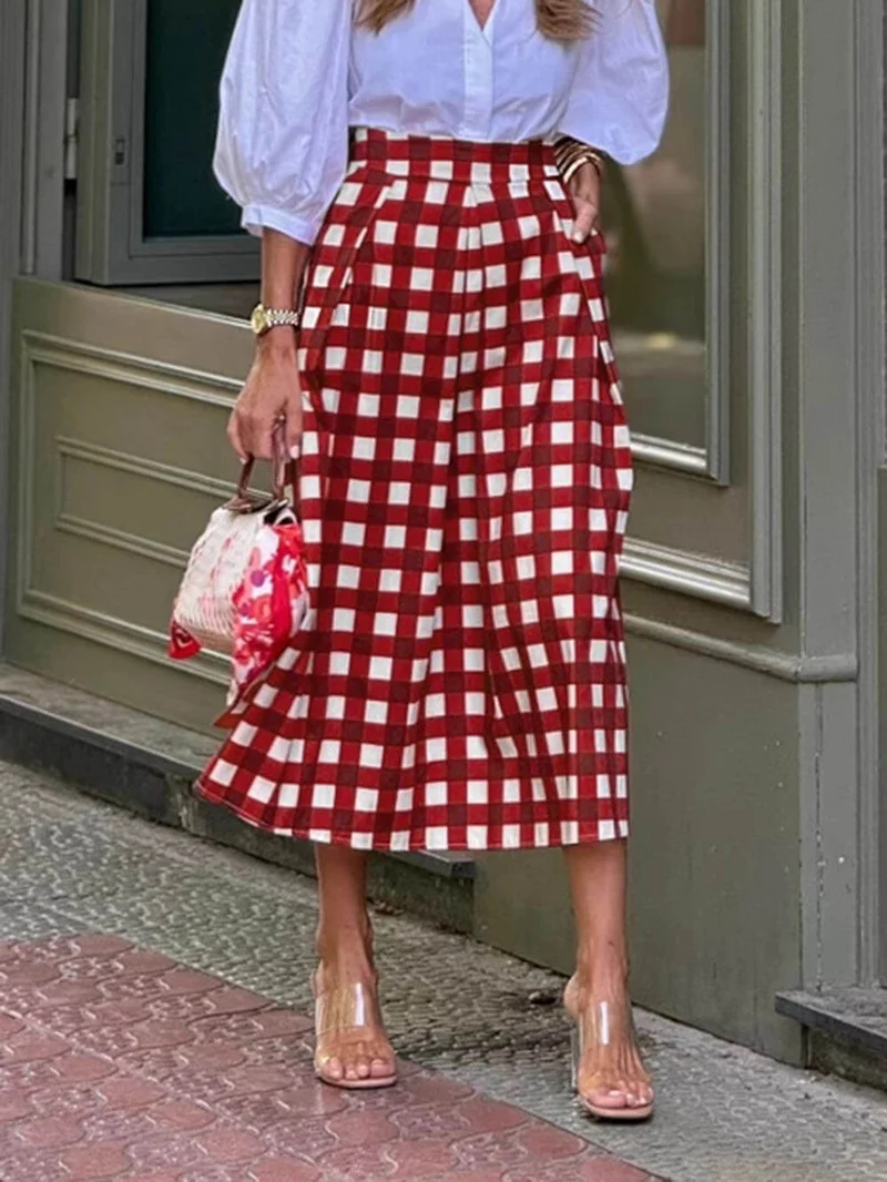 Casual Plaid Print Loose High Waist Maxi Skirt