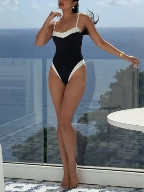 Minimalist Black And White Color Contrast One Piece Swimsuit