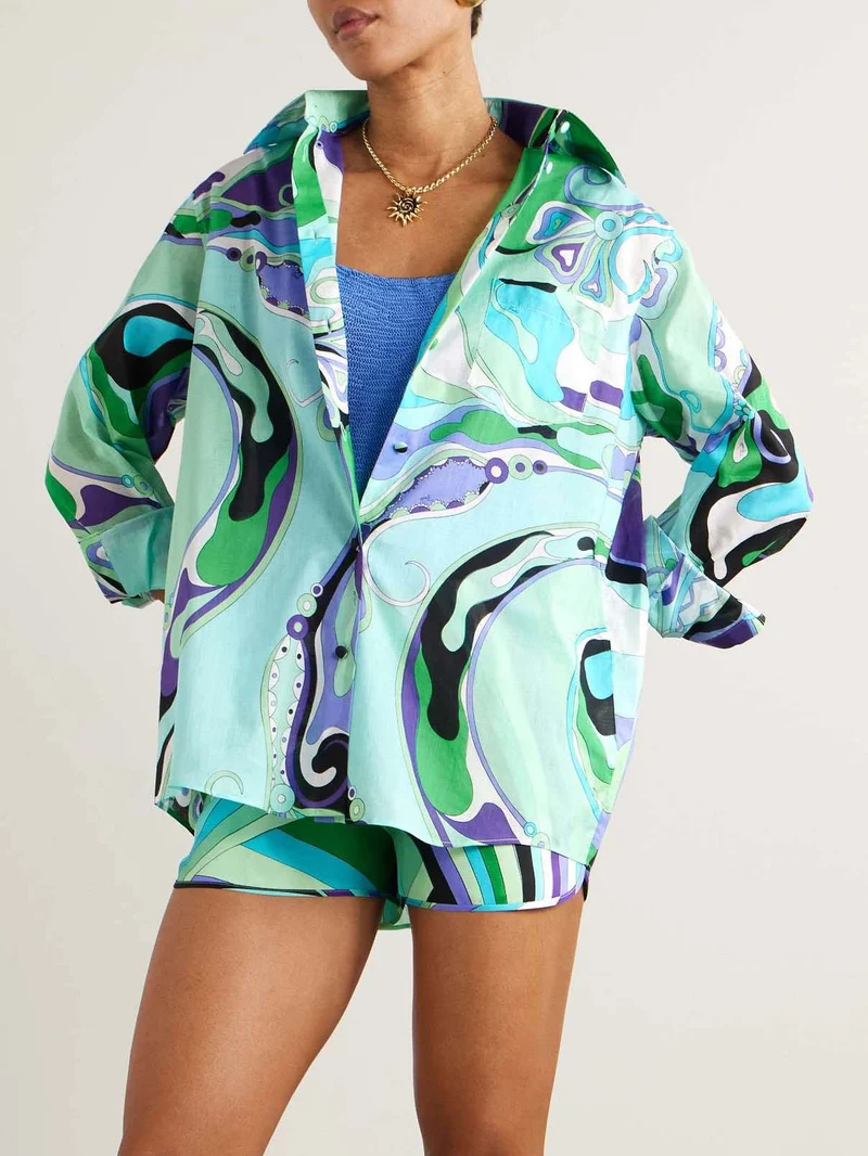 Unique Abstract Floral Print Long Sleeve Shorts Two Piece Set