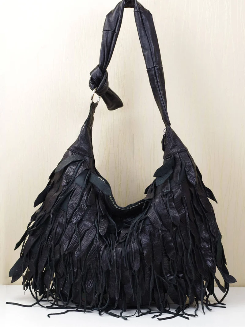 Casual Black Striped Tassel Personality Hobo Shoulder Bag