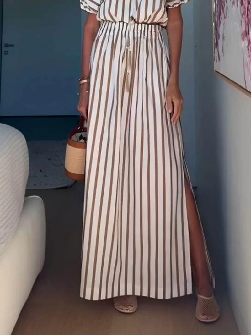 Exquisite Unique Striped Print Elastic Waist Slit Pocket Maxi Skirt