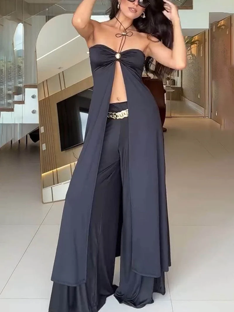 Fashion Stellah Golden Details Front Slit Midi Tube Top and Elastic Waist Wide Leg Pants Set