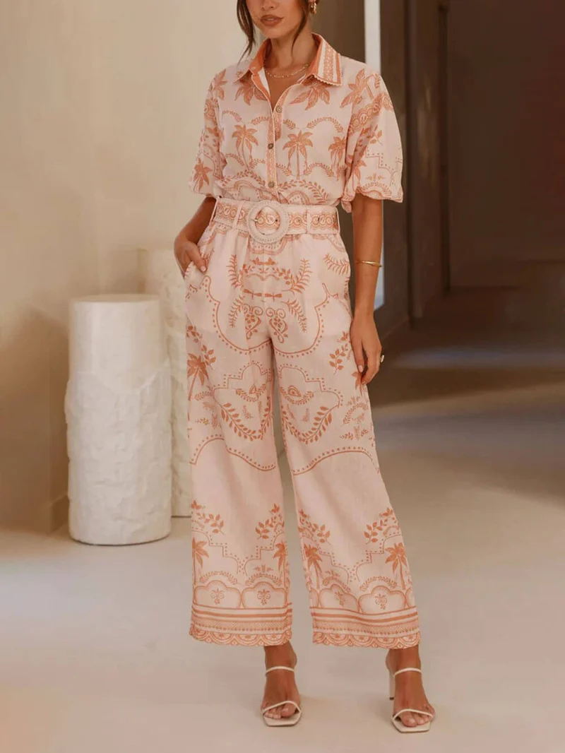 Casual Temperament Printed Linen Short-Sleeved Top With Belt And Straight Pants Set