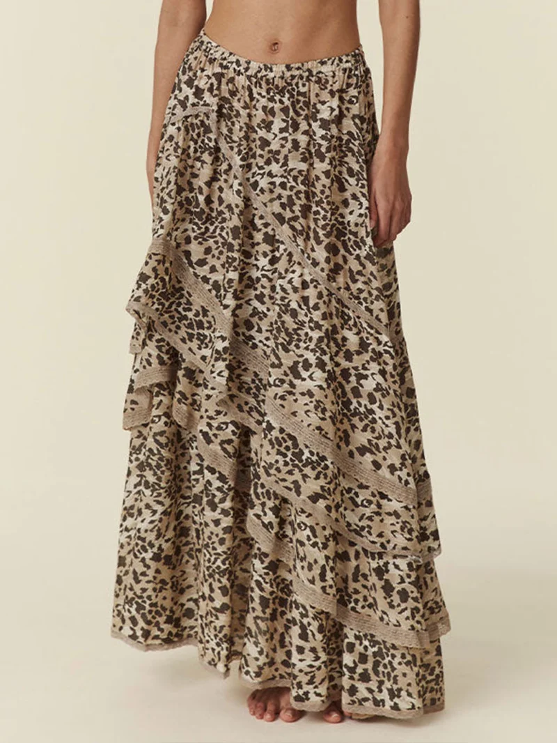 Vintage Leopard Print Ruffled Maxi Skirt
