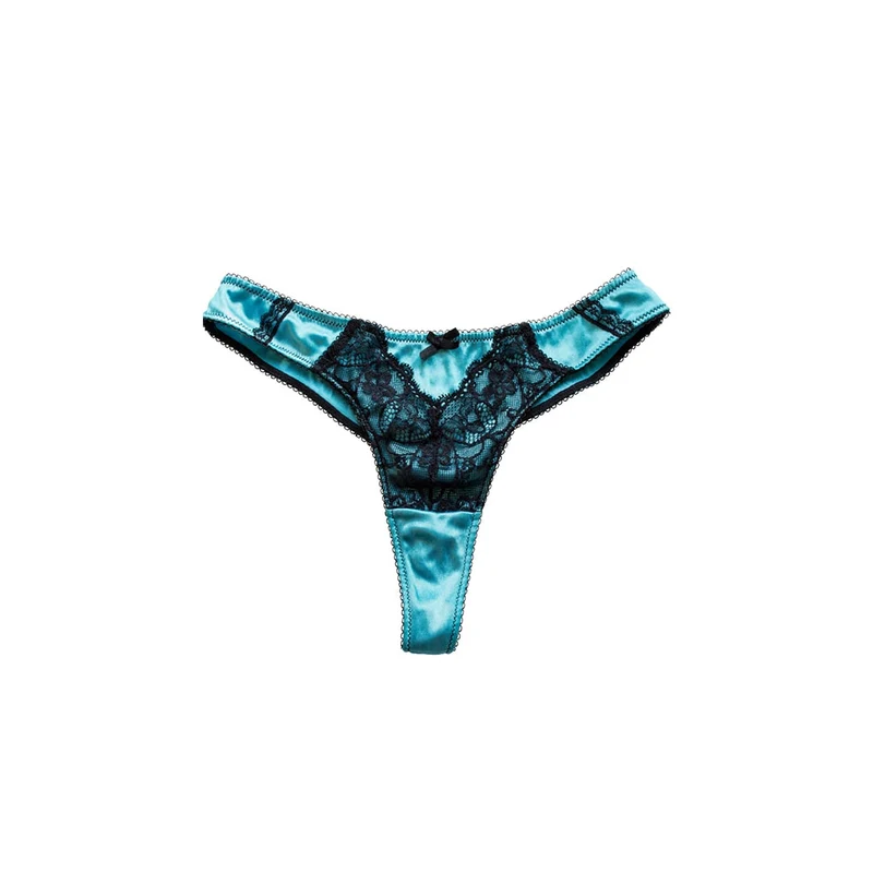 Blue Satin Lace Thong