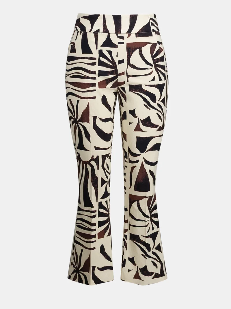 Beige Flared Tropical Print Byxor