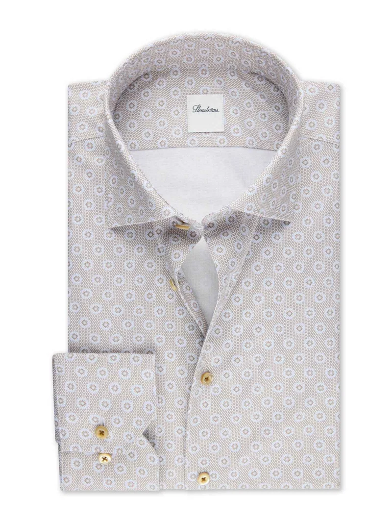 Beige Regular Twillskjorta med Mikromönster