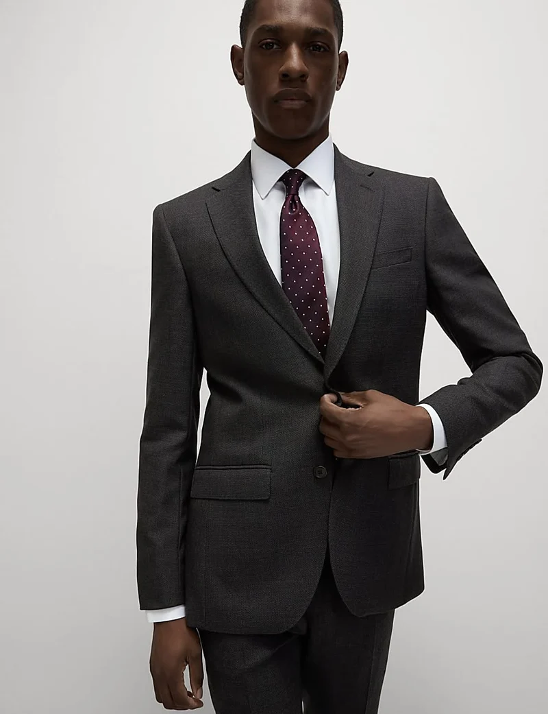 Slim Fit Pure Wool Textured Suit Jacket Charcoal
