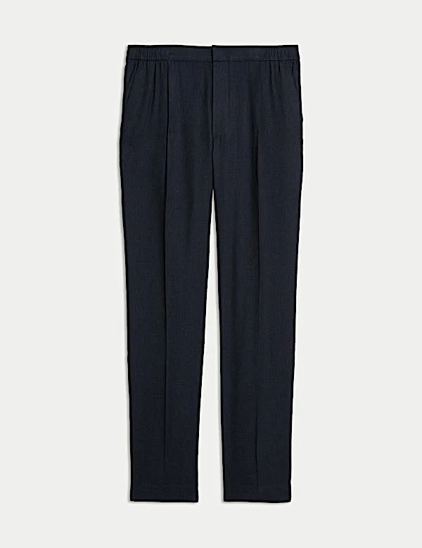 Tapered Fit Italian Linen Blend Elasticated Trousers-Navy