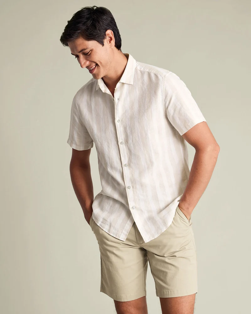 Short Sleeve Cotton Linen Stripe Classic Fit Shirt - Stone