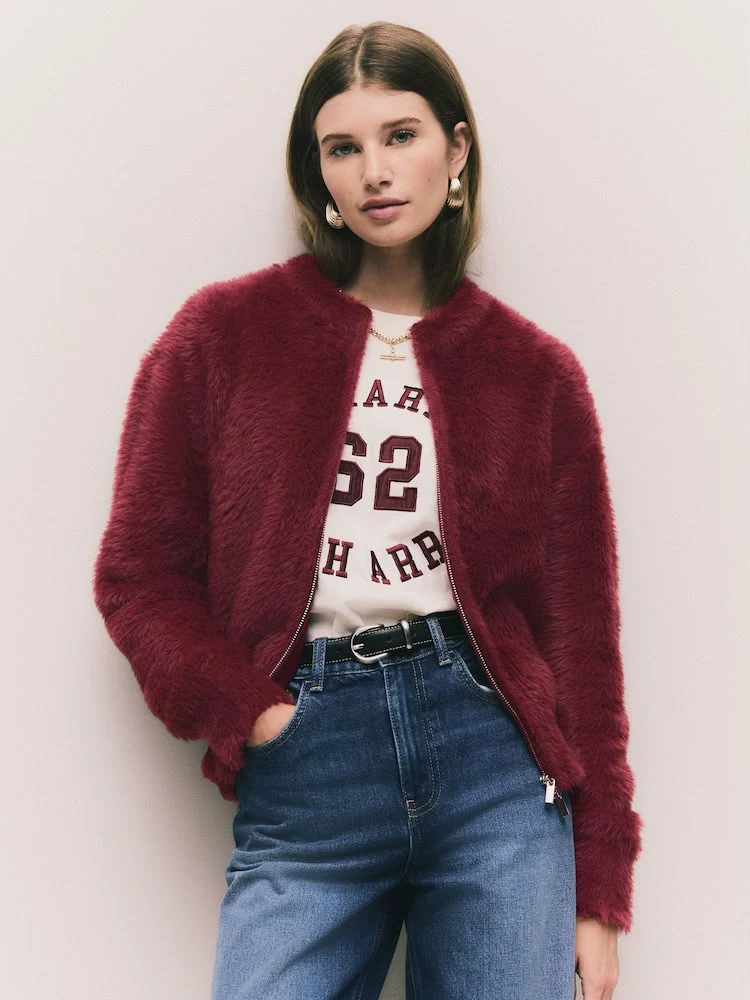 Burgundy Red Teddy Bear Textured Zip Up Bomber Jacket