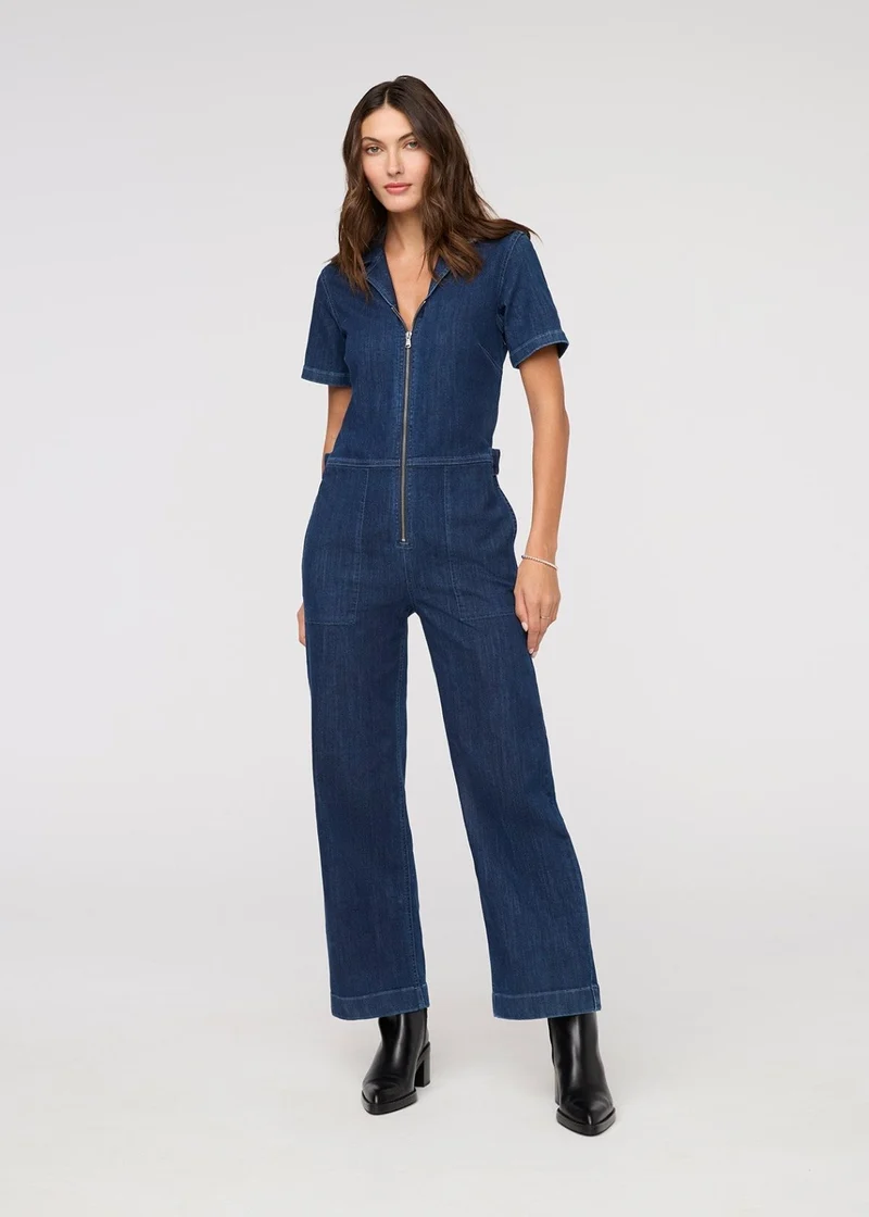 Performance Denim Short Sleeve Jumpsuit - Dark Stone