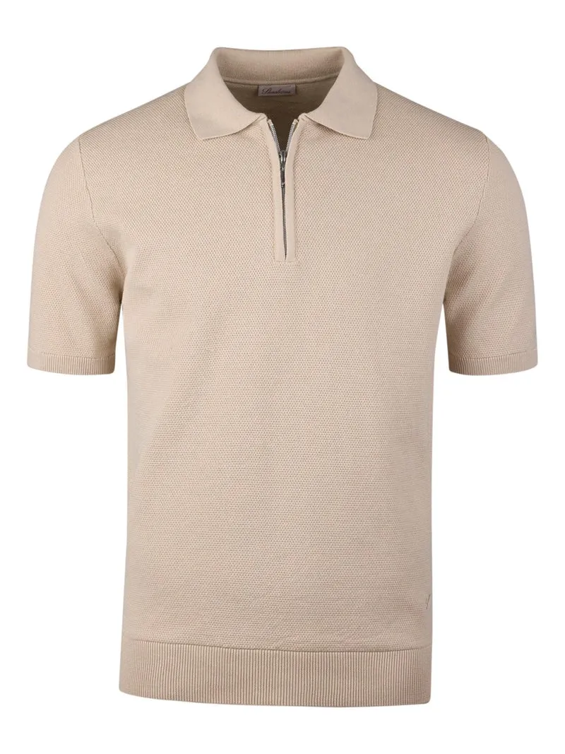 Beige Stickad Piké med Zip i Bomull