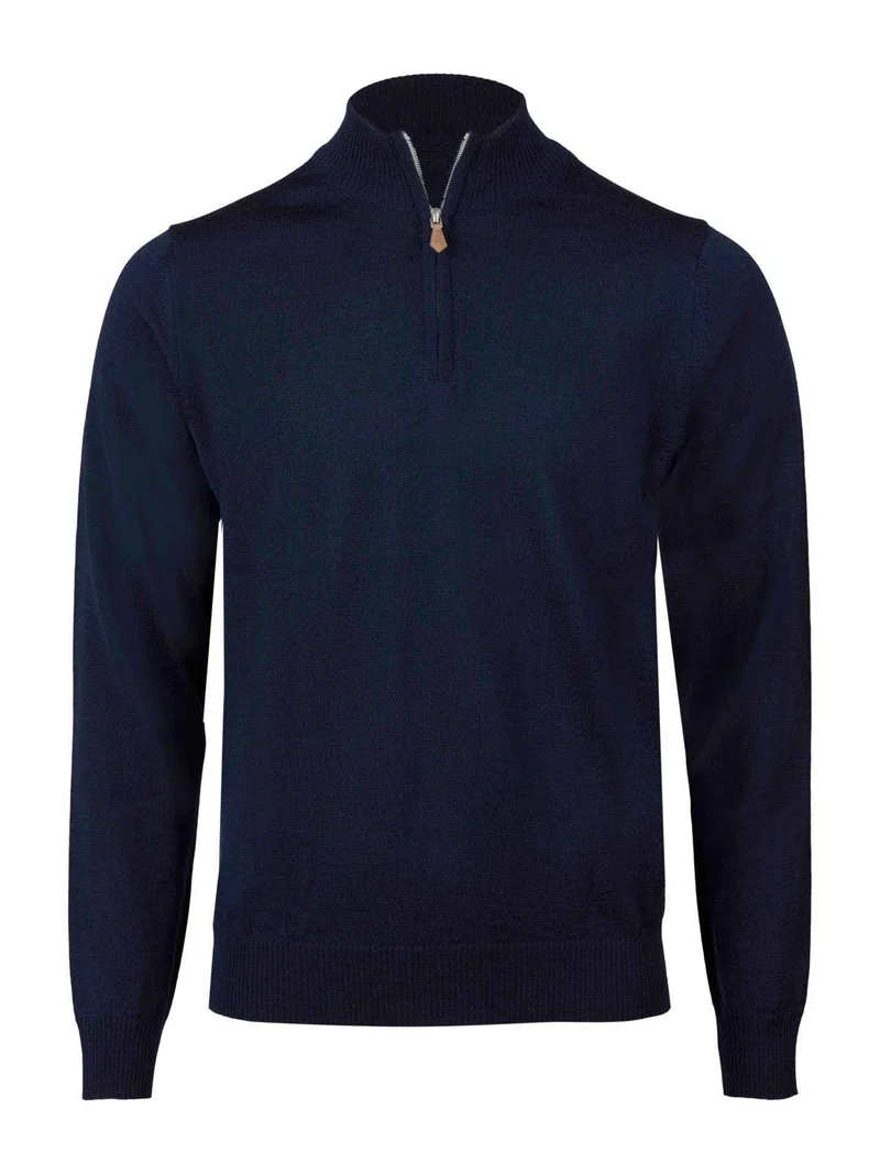 Marinblå Half Zip Tröja i Merinoull