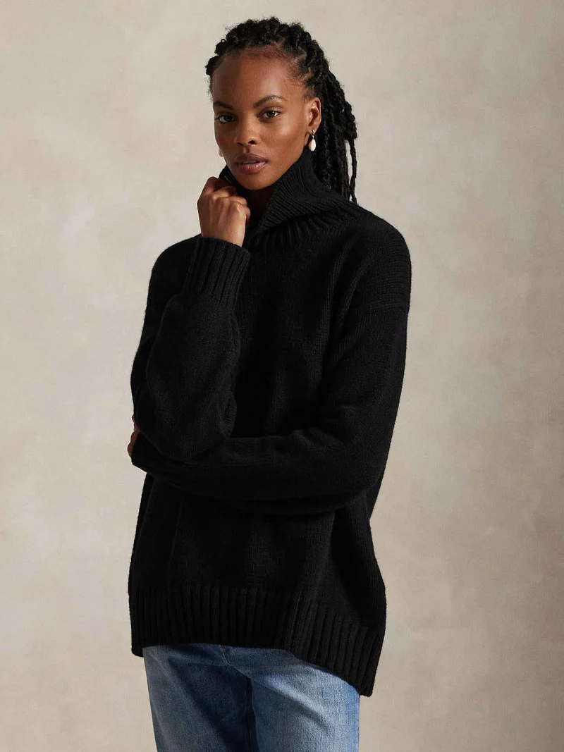 Svart Oversize Chunky Polotröja i Ull