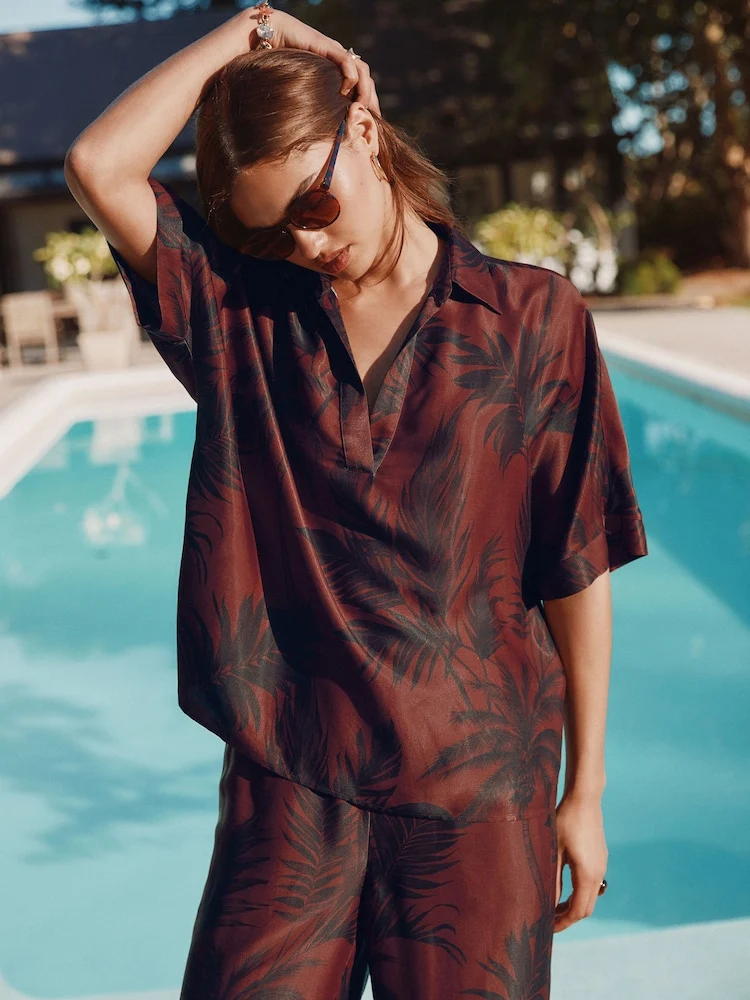 Brown / Navy Palm Print V-Neck Collared Satin Shirt