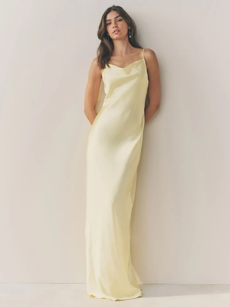 Pastel Yellow Satin Cowl Neck wedding Bridesmaid Maxi Dress