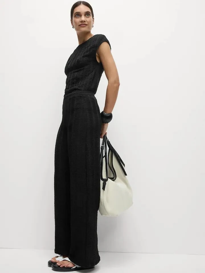 Textured Elasticated Waist Wide Leg Trouser