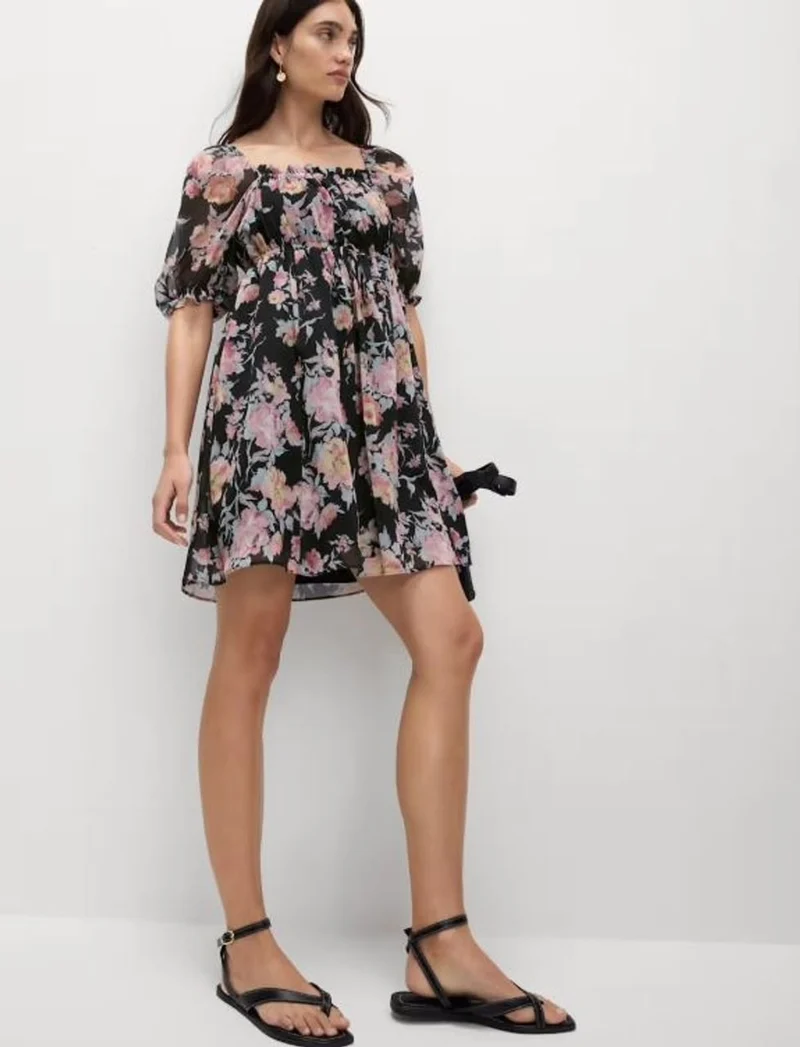 Printed Floral Square Neck Mini Waisted Dress