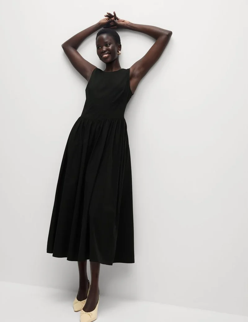 Pure Cotton Round Neck Midi Waisted Dress