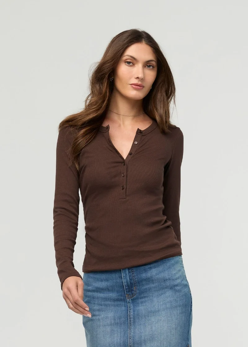 Ribbed Pima Long Sleeve Henley - Espresso