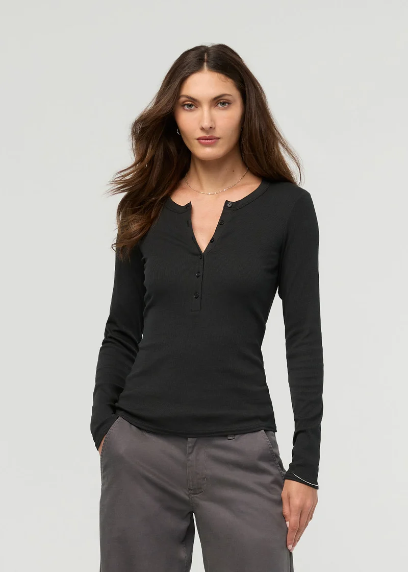 Ribbed Pima Long Sleeve Henley - Black