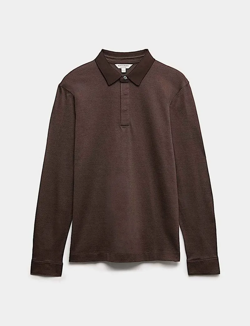 Long Sleeve Polo Shirt Embossed Texture Made Off 100% Cotton