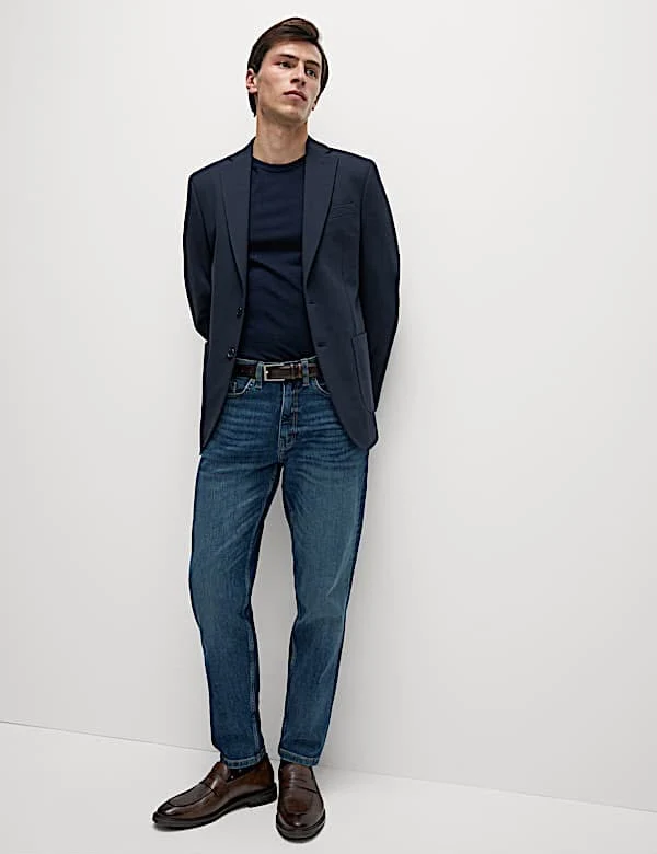 Tailored Fit Jersey Textured Blazer Navy