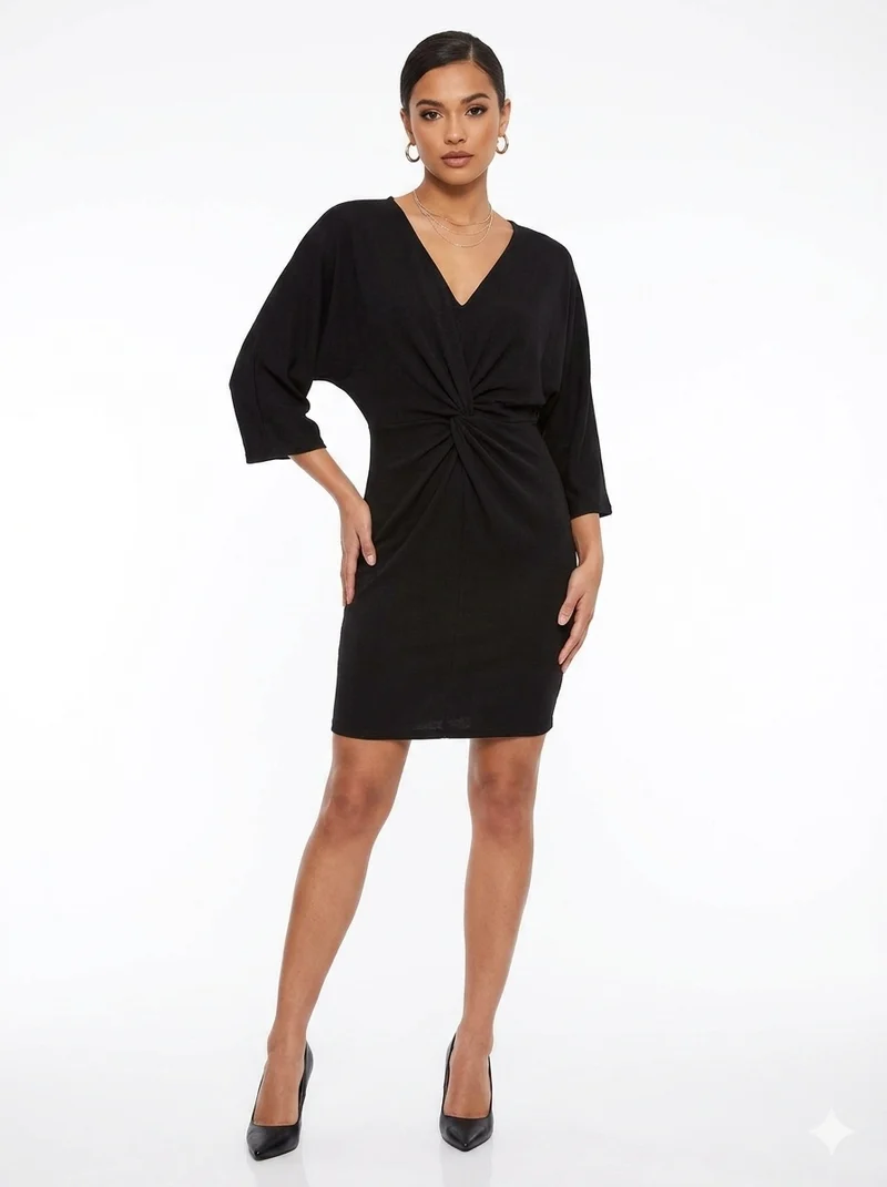 Black Knot Front Batwing Dress