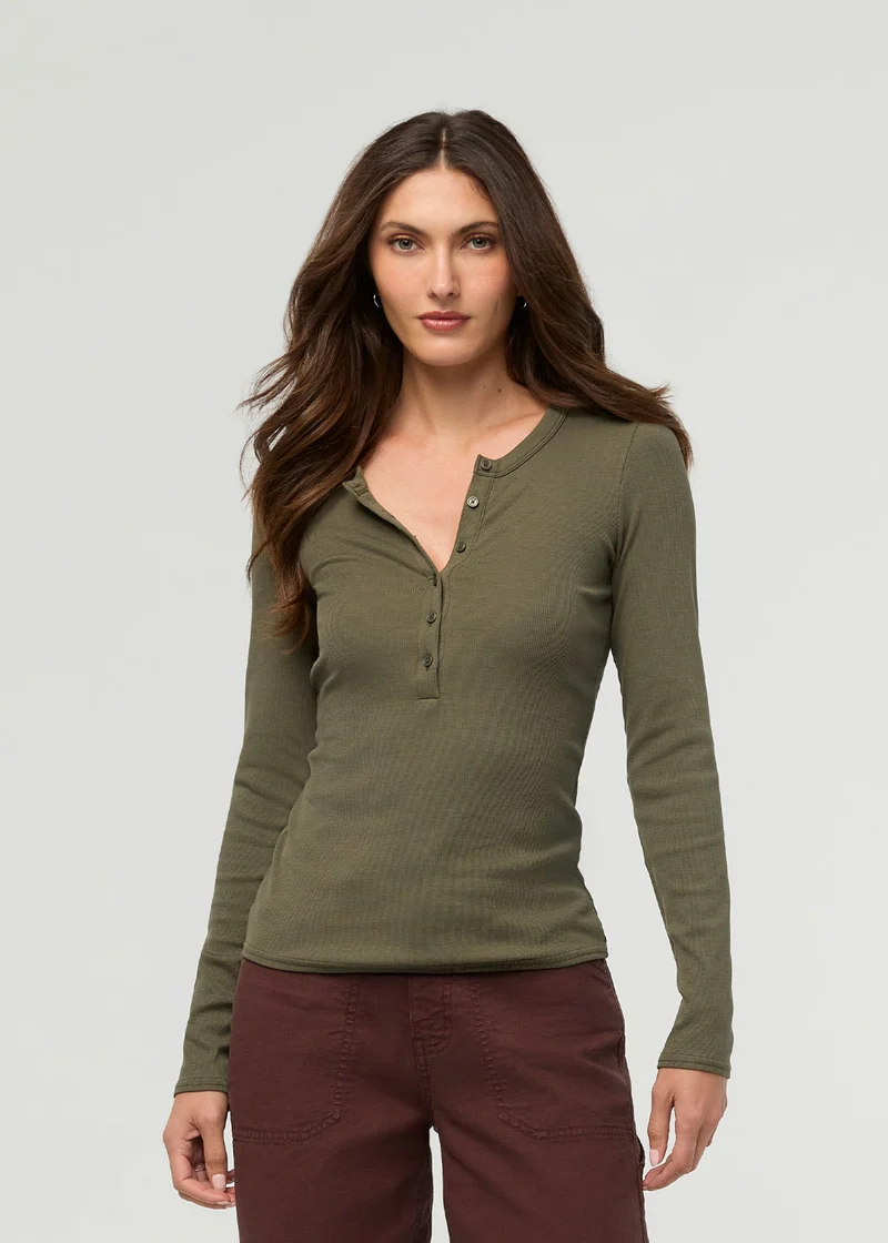 Ribbed Pima Long Sleeve Henley - Kelp