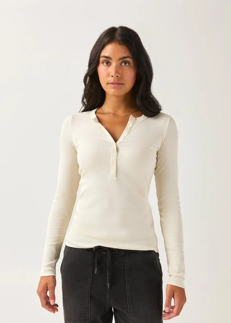 Ribbed Pima Long Sleeve Henley - Ecru