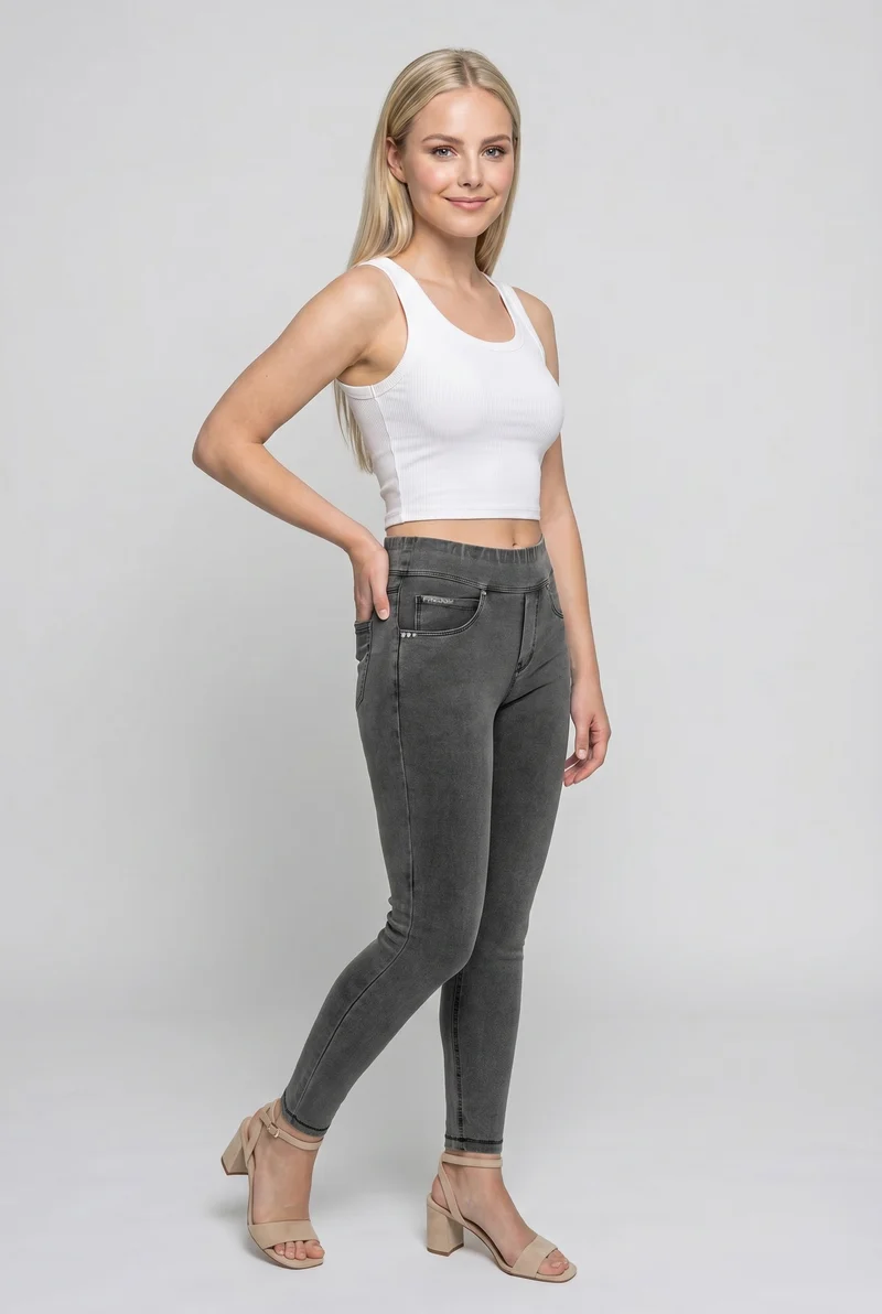 N.O.W. Yoga Mid Waist Skinny 7/8 Denim Jeans - Denim Light Grey - Black Seam
