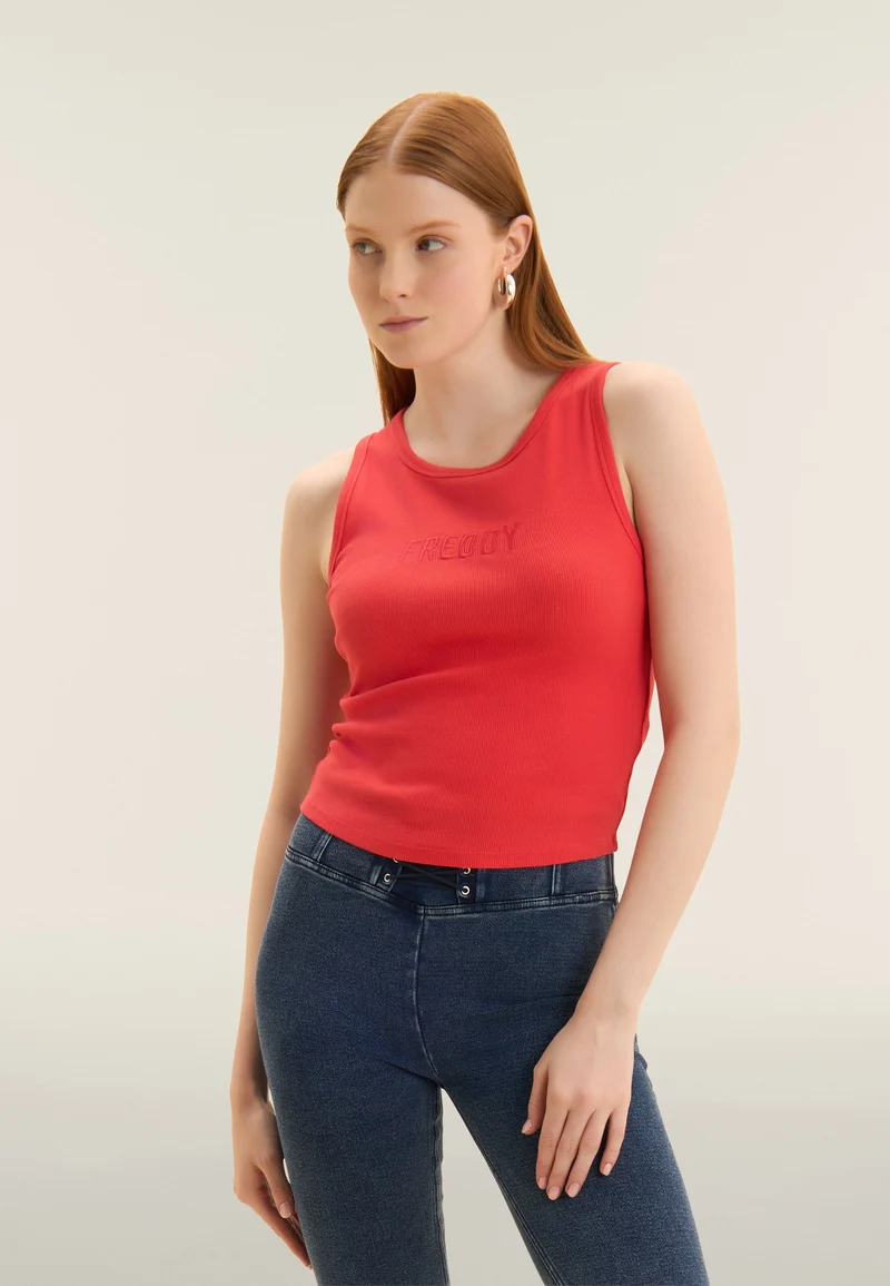 Cropped tank top with embroidered FREDDY logo - Cayenne Red