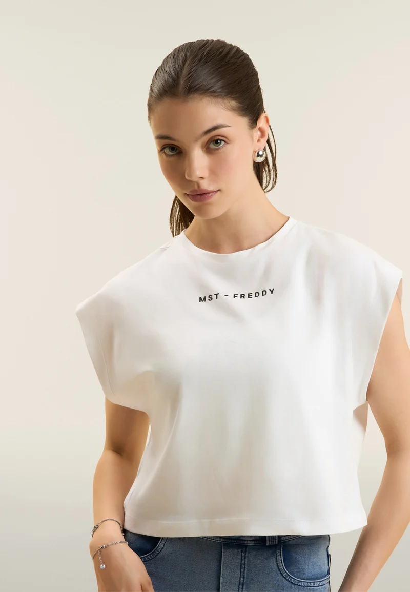 Short-sleeved t-shirt, cropped, with MST FREDDY prints - Optical White