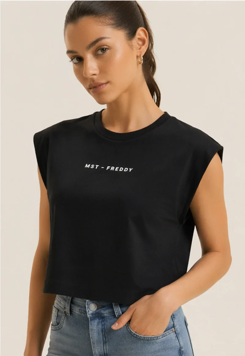 Short-sleeved t-shirt, cropped, with MST FREDDY prints - Black