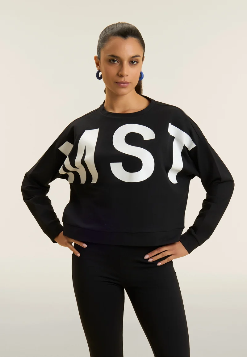 Cropped crew neck sweatshirt with MST maxi print - Black